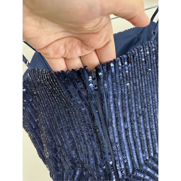 Emerald Sundae Sequined Gown Size Medium Dark Blue Adjustable Straps Side Slit - Picture 6 of 9